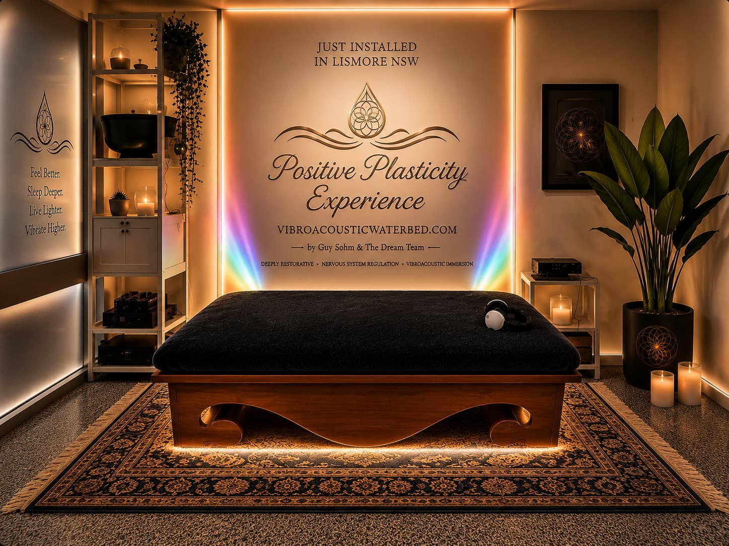 Luxury vibroacoustic waterbed therapy room near Byron Bay NSW featuring the Positive Plasticity Experience with nervous system regulation, rainbow ambient lighting, sacred geometry and deep relaxation wellness aesthetics.